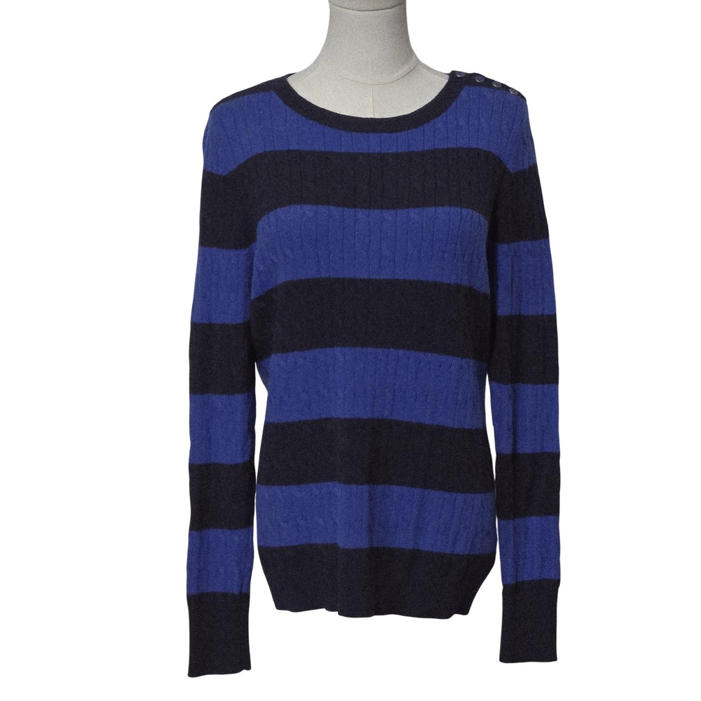 Talbots Sweater Womens Medium Blue Navy Stripe Button Shoulder Pullover Knit